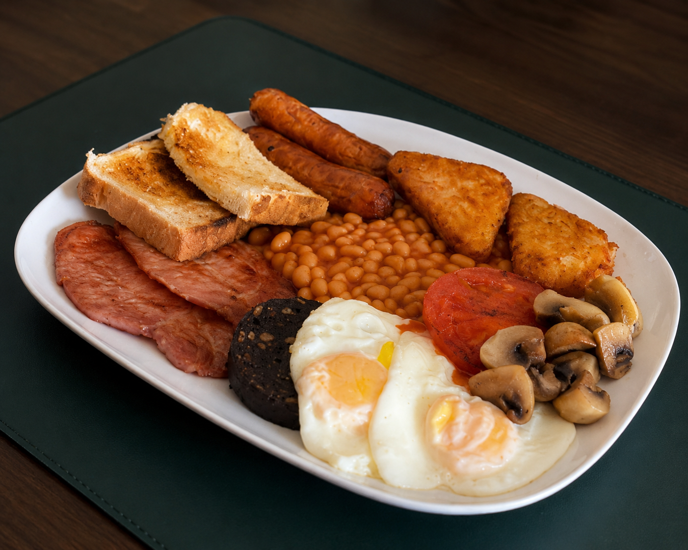 The Big Welsh breakfast with Welsh sausages, bacon, eggs, black pudding and sourdough